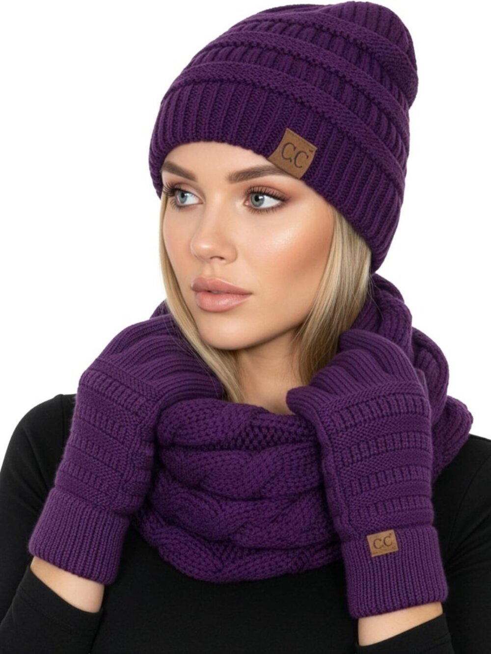 Cozy Winter Hat Scarf Glove Set for Women - Ribbed Knit Beanie & Infinity Scarf